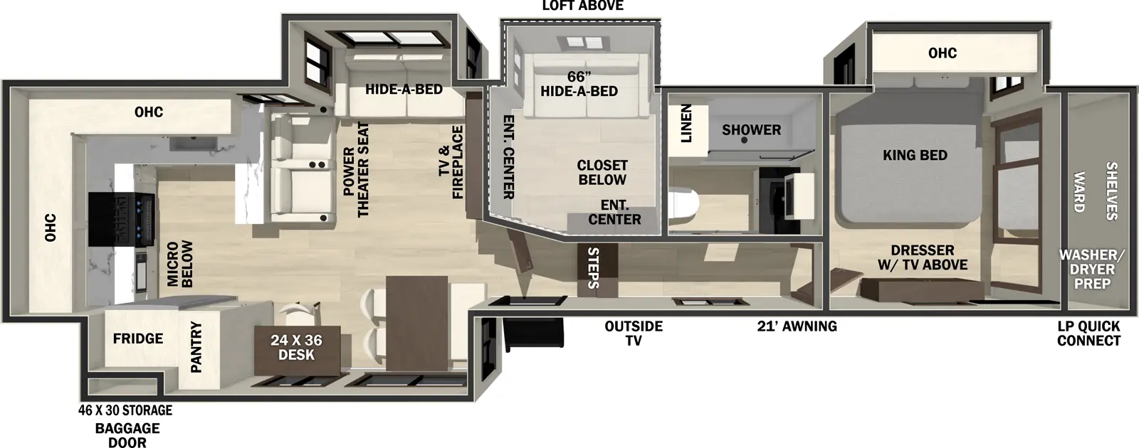 The Cedar Creek 39RKB floorplan has one entry and four slide outs. Exterior features include: fiberglass exterior and 21' awning. Interiors features include: loft, rear kitchen, free-standing dinette option and front bedroom.